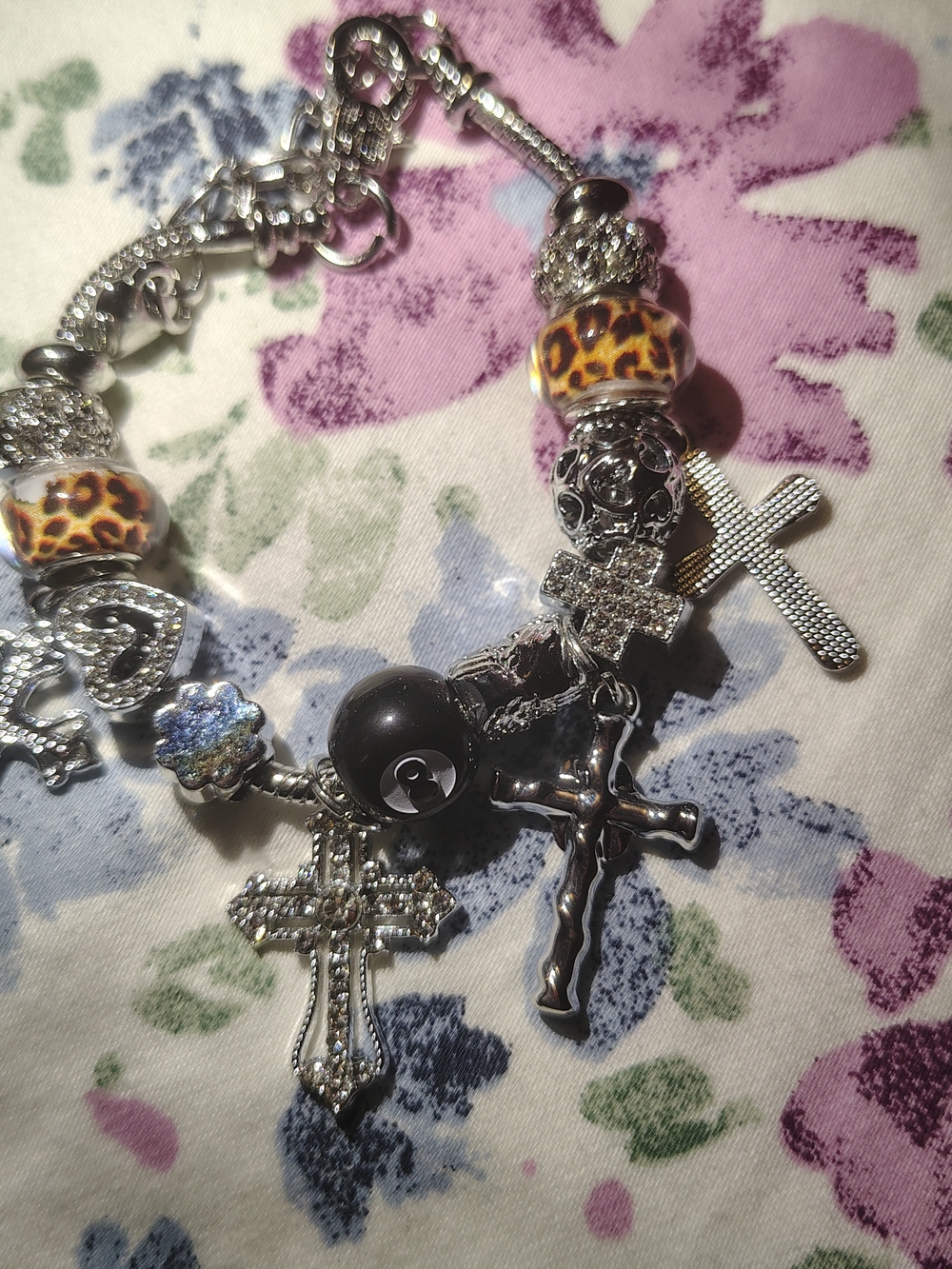 Kids Silver Cross Charm Bracelet with Leopard Beads